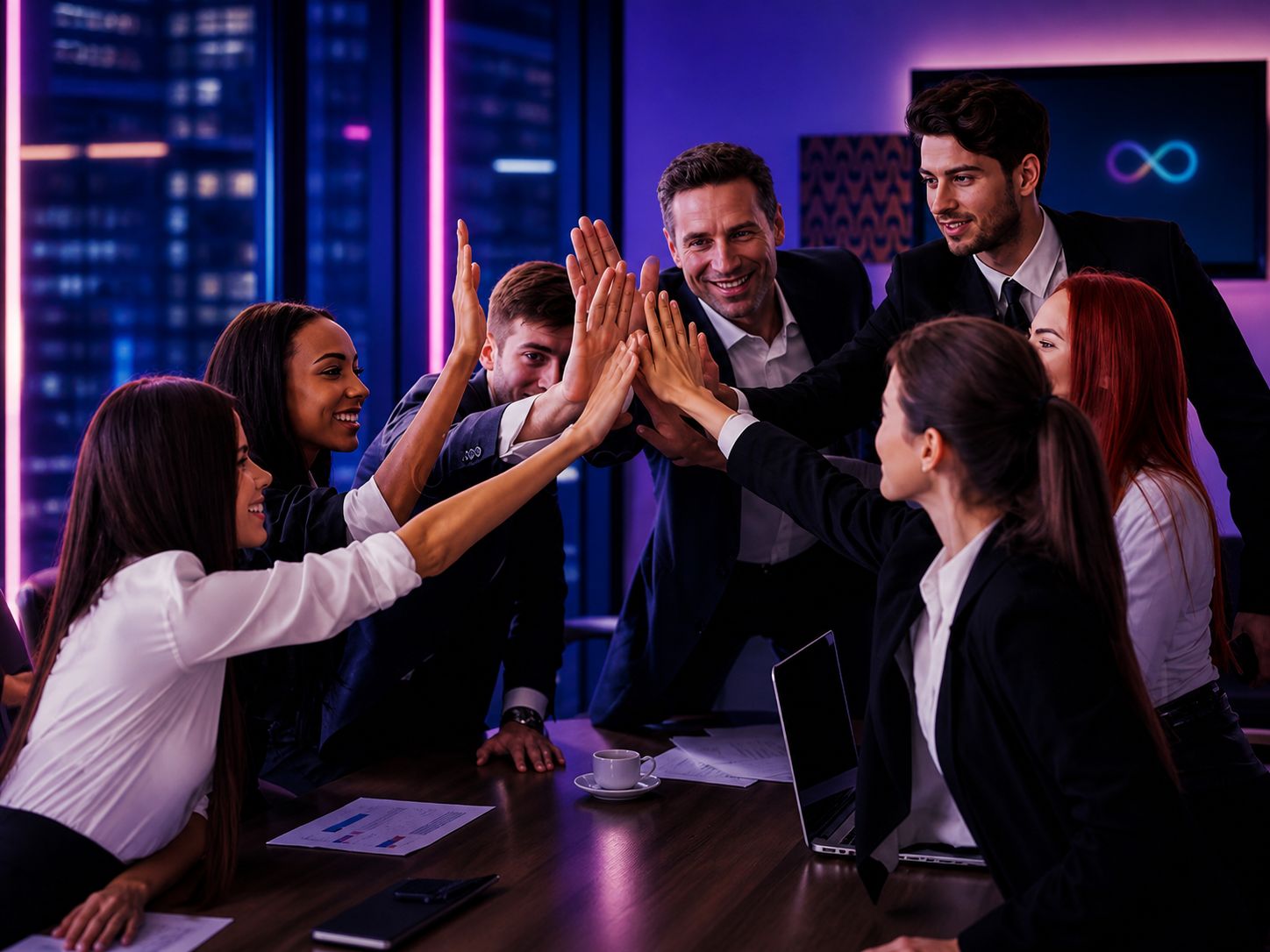 Instant Interactions team celebrating success during a business meeting
